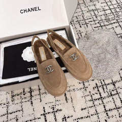 SLINGBACK LOAFER IN DARK BEIGE SUEDE AND SHEARLING