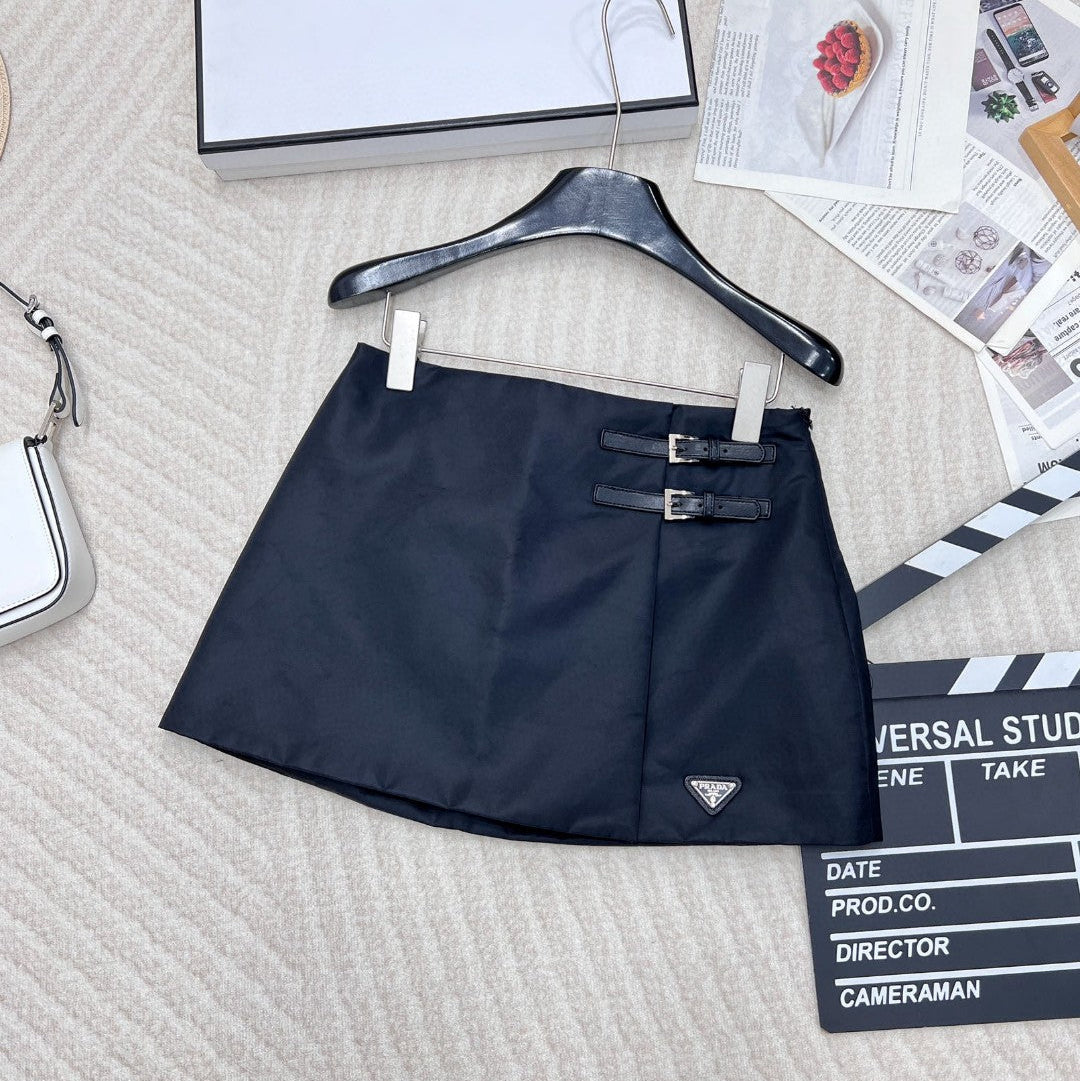 Pra Re-Nylon Wraparound Miniskirt Dark Blue Fabric And Leather Straps