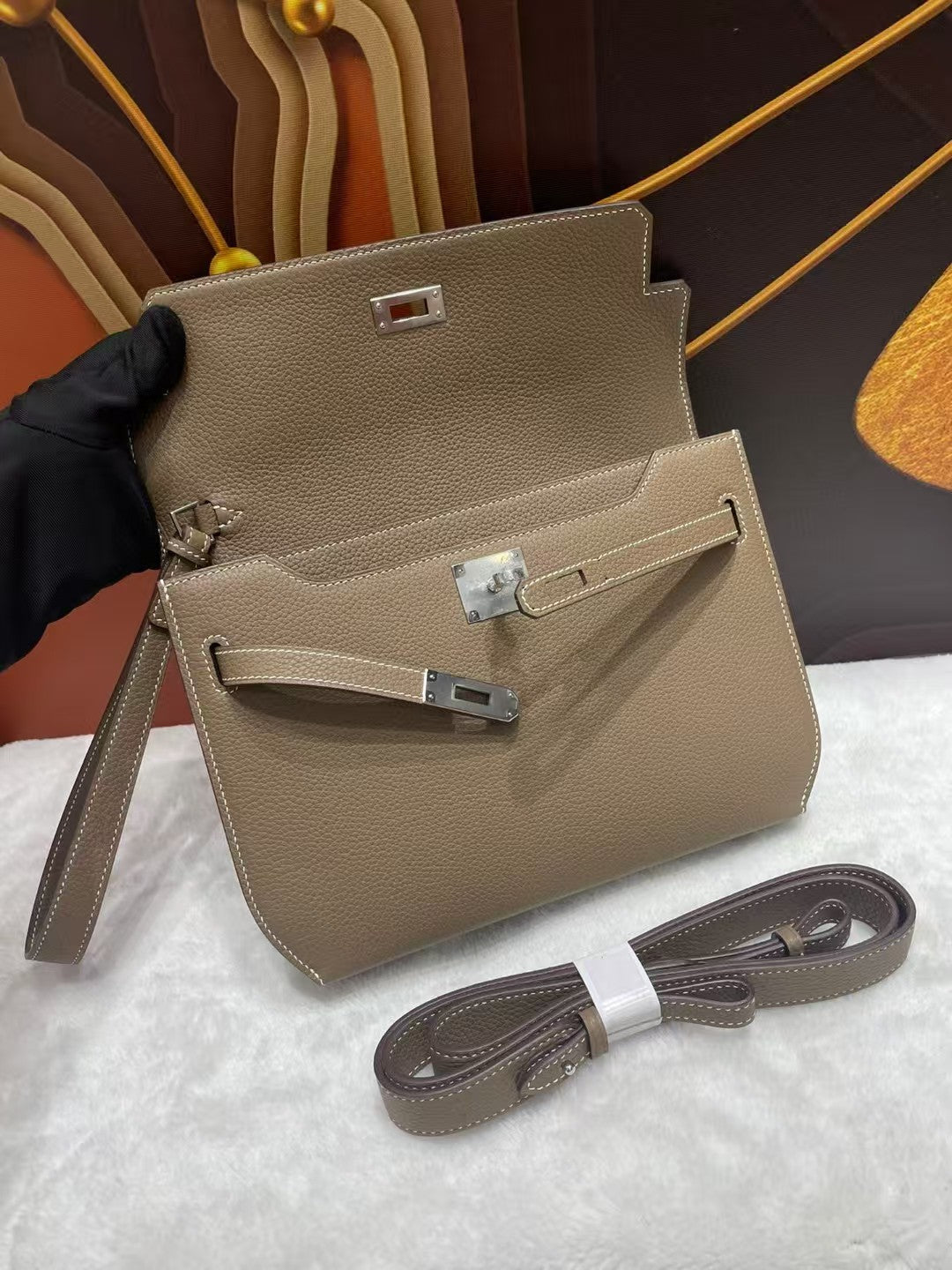 KELLY POCHETTE BAG 25 IN BROWN EPSOM LEATHER WITH PALLADIUM HARDWARE