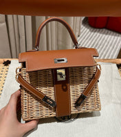 HM KELLY PICNIC HANDBAG IN BROWN & NATURAL LEATHER AND WICKER SILVER HARDWARE