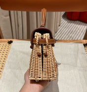 HM KELLY PICNIC HANDBAG IN BROWN & NATURAL LEATHER AND WICKER SILVER HARDWARE