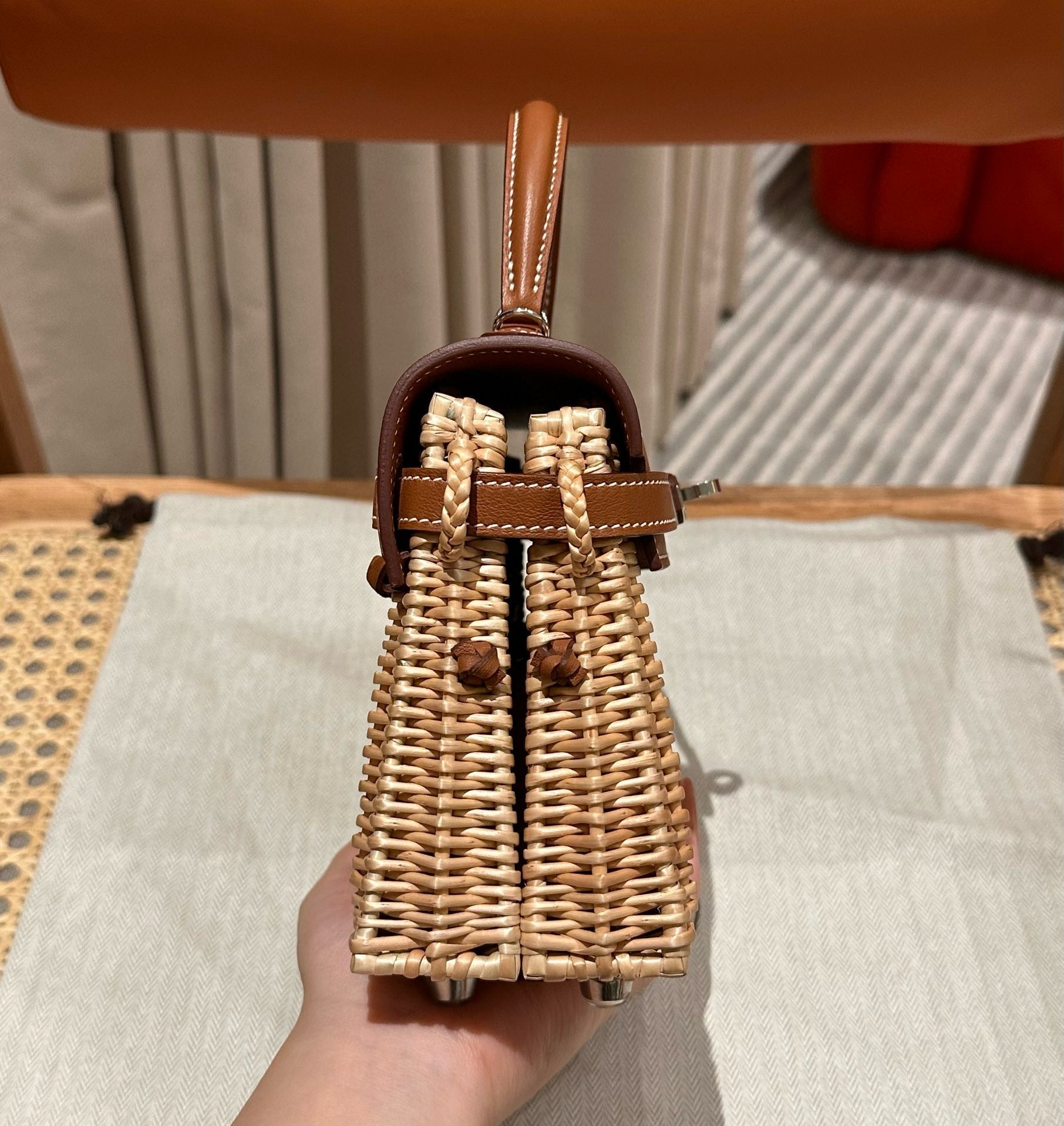 HM KELLY PICNIC HANDBAG IN BROWN & NATURAL LEATHER AND WICKER SILVER HARDWARE