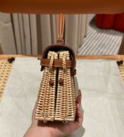 HM KELLY PICNIC HANDBAG IN BROWN & NATURAL LEATHER AND WICKER SILVER HARDWARE