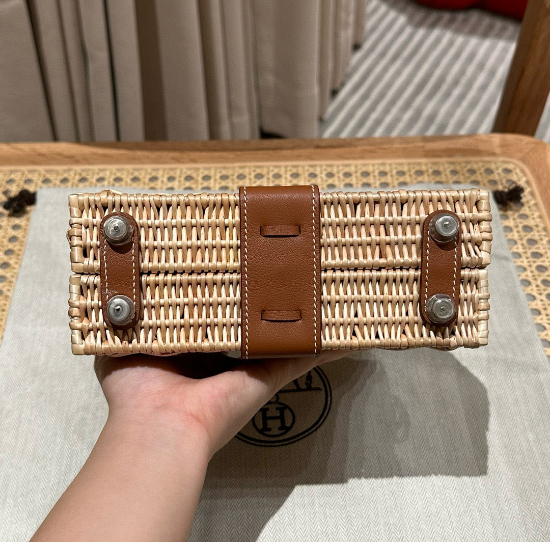 HM KELLY PICNIC HANDBAG IN BROWN & NATURAL LEATHER AND WICKER SILVER HARDWARE