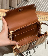 HM KELLY PICNIC HANDBAG IN BROWN & NATURAL LEATHER AND WICKER SILVER HARDWARE