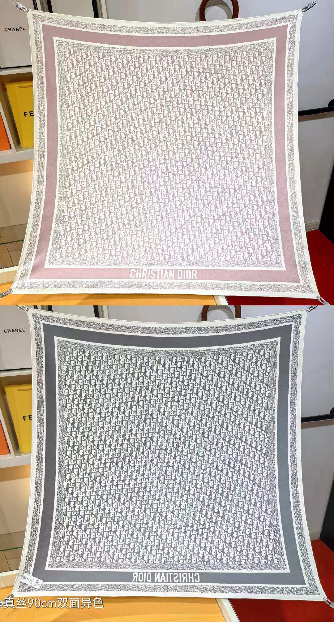 CD SCARF DOUBLE-SIDED IN PINK AND GREY MONOGRAM SILK