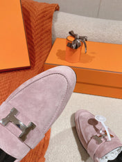 HM PARIS LOAFER IN PINK SUEDE SILVER HARDWARE