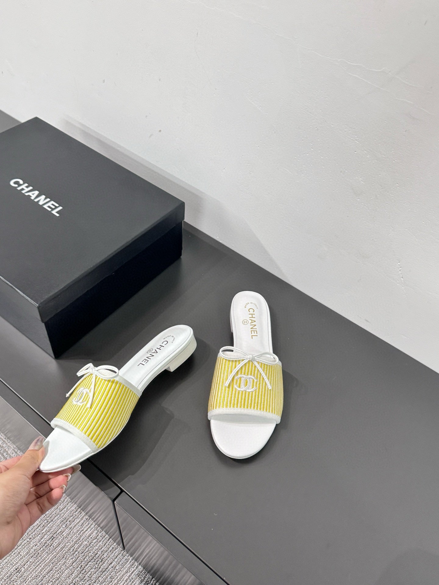 CC STRIPED SLIDE SANDALS IN YELLOW AND WHITE CANVAS