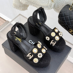 CC HIGH HEELS IN BLACK TWEED WITH PEARL AND CRYSTAL EMBELLISHMENTS