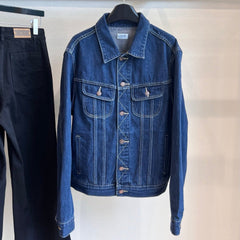 CLASSIC TRUCKER JACKET INDIGO DENIM CONTRAST STITCHING SILVER BUTTONS          Ask ChatGPT