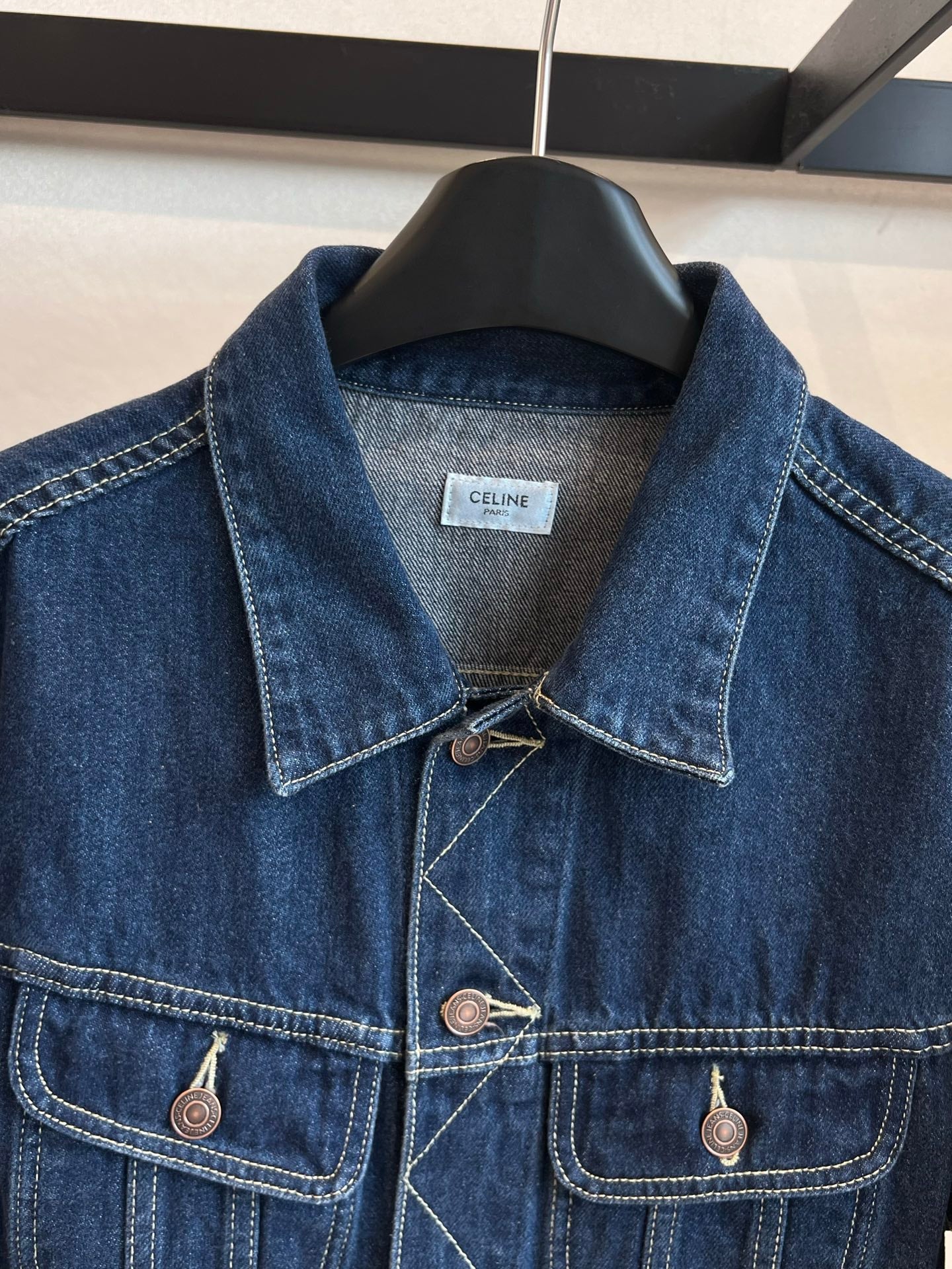 CLASSIC TRUCKER JACKET INDIGO DENIM CONTRAST STITCHING SILVER BUTTONS          Ask ChatGPT