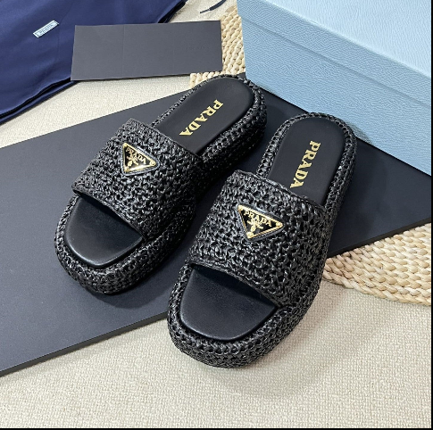 PRA PLATFORM SLIDES IN BLACK WOVEN RAFFIA