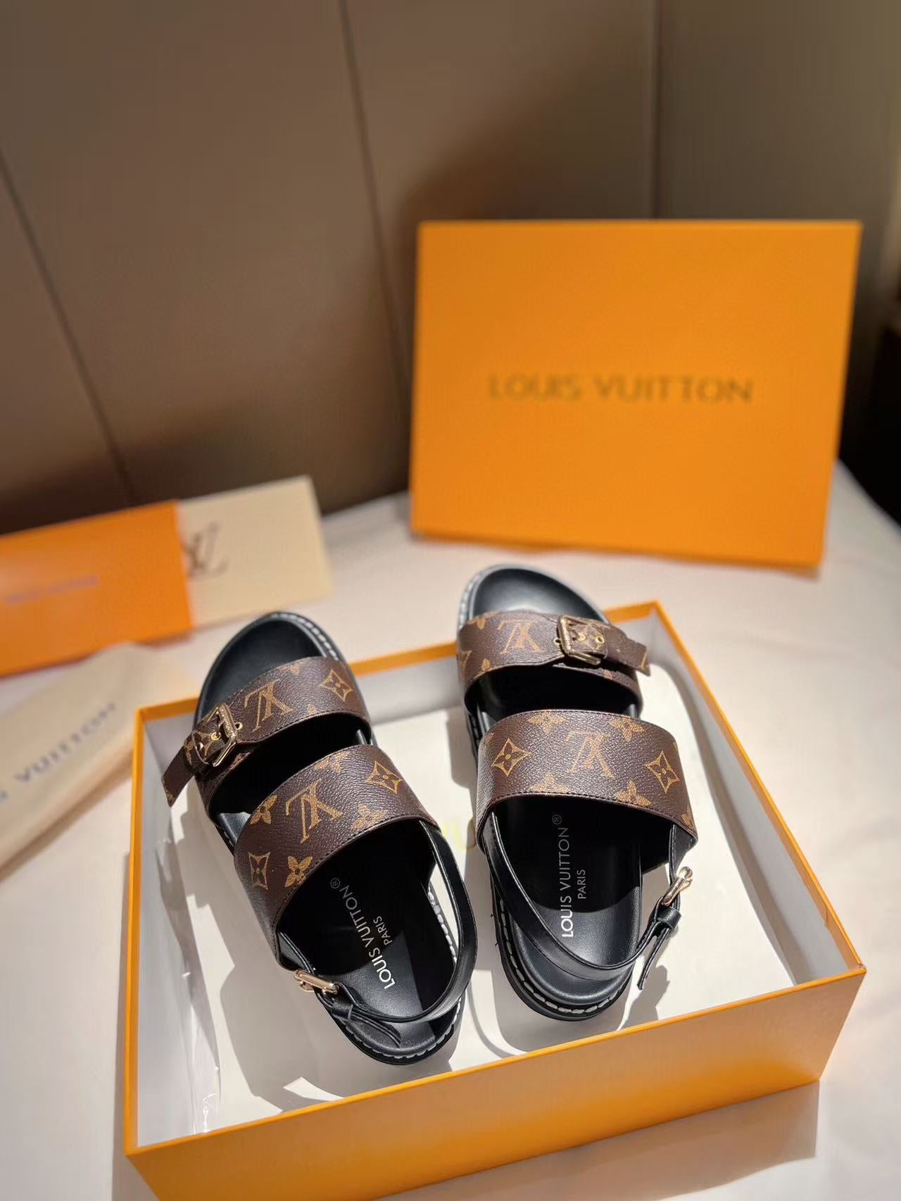 LV GOLD BUCKLE SANDALS IN BROWN MONOGRAM CANVAS