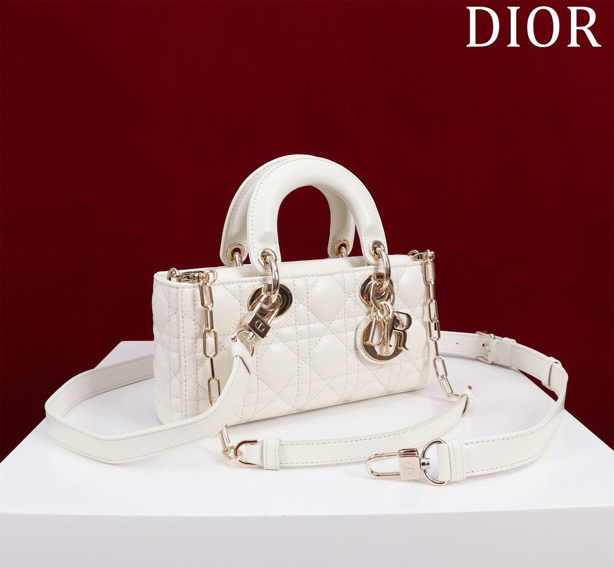 SMALL LADY D-JOY 22 WHITE LAMBSKIN GOLD HARDWARE