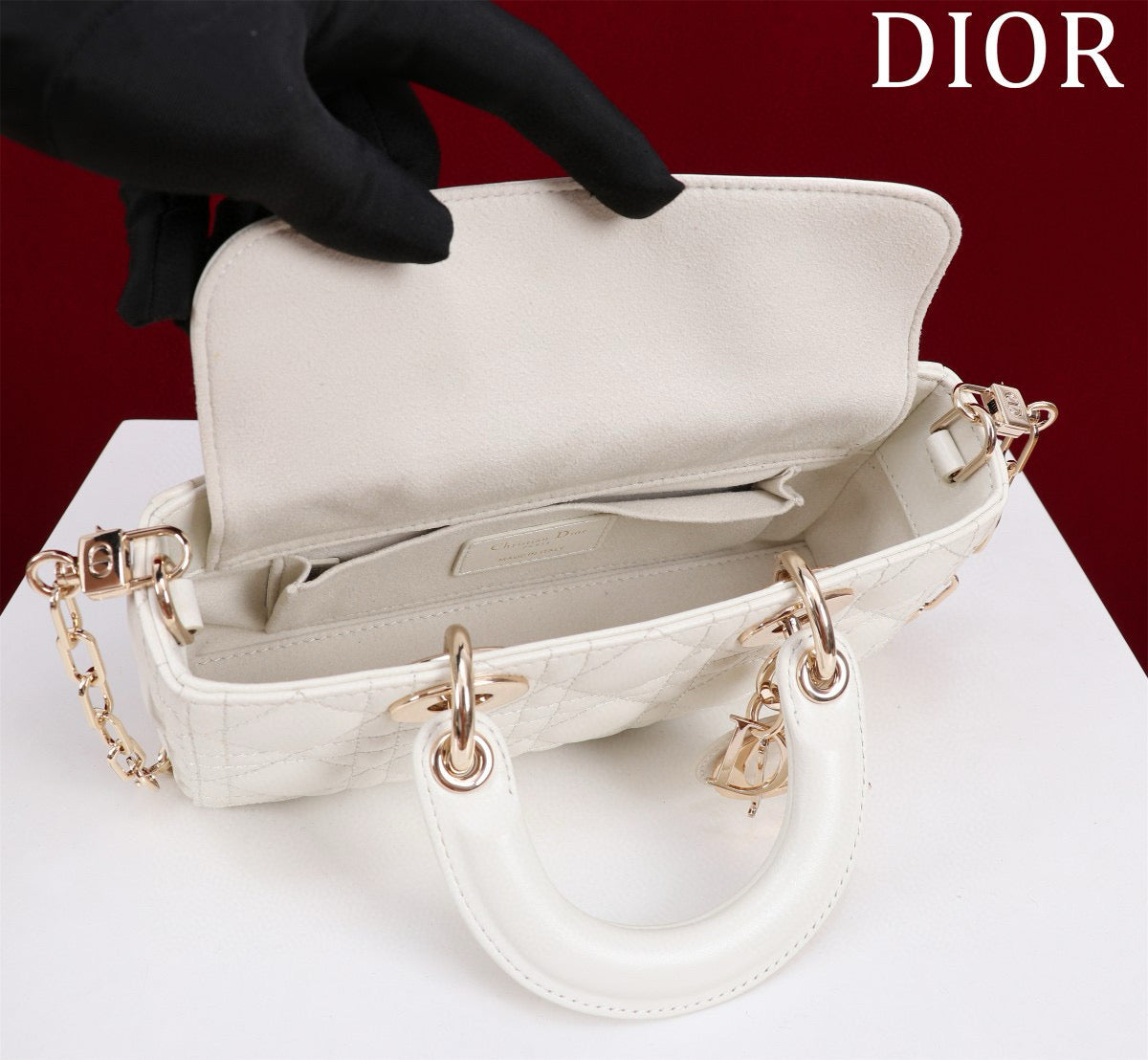 SMALL LADY D-JOY 22 WHITE LAMBSKIN GOLD HARDWARE