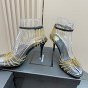 YSL HIGH HEEL CHAIN SANDALS IN BLACK CALFSKIN AND METAL