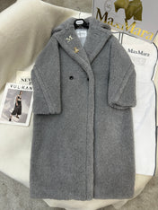MAX MARA LONG COAT IN LIGHT GREY WOOL WITH CRYSTAL CHARM