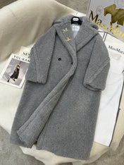 MAX MARA LONG COAT IN LIGHT GREY WOOL WITH CRYSTAL CHARM