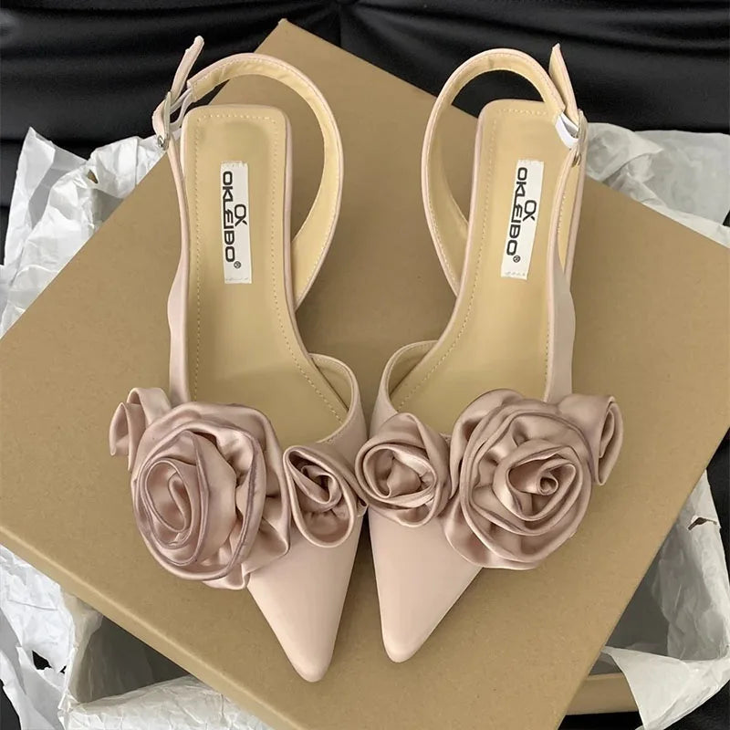 Satin Floral Slingback Stilettos - Pointed Toe Party Heels