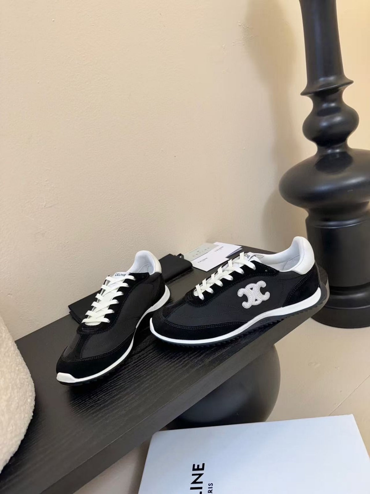 CELINE TRAINRES IN BLACK MIX WHITE SUEDE AND FABRIC