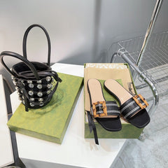 GG BAMBOO BUCKLE FLAT SANDALS BLACK