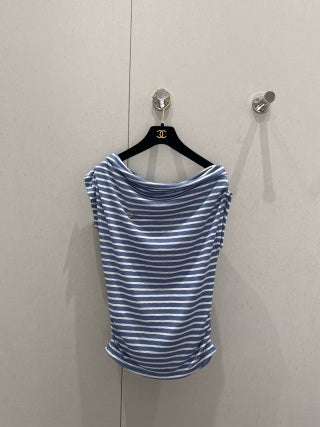 CC 25 Striped One-shoulder Short-sleeved T-shirt Cotton