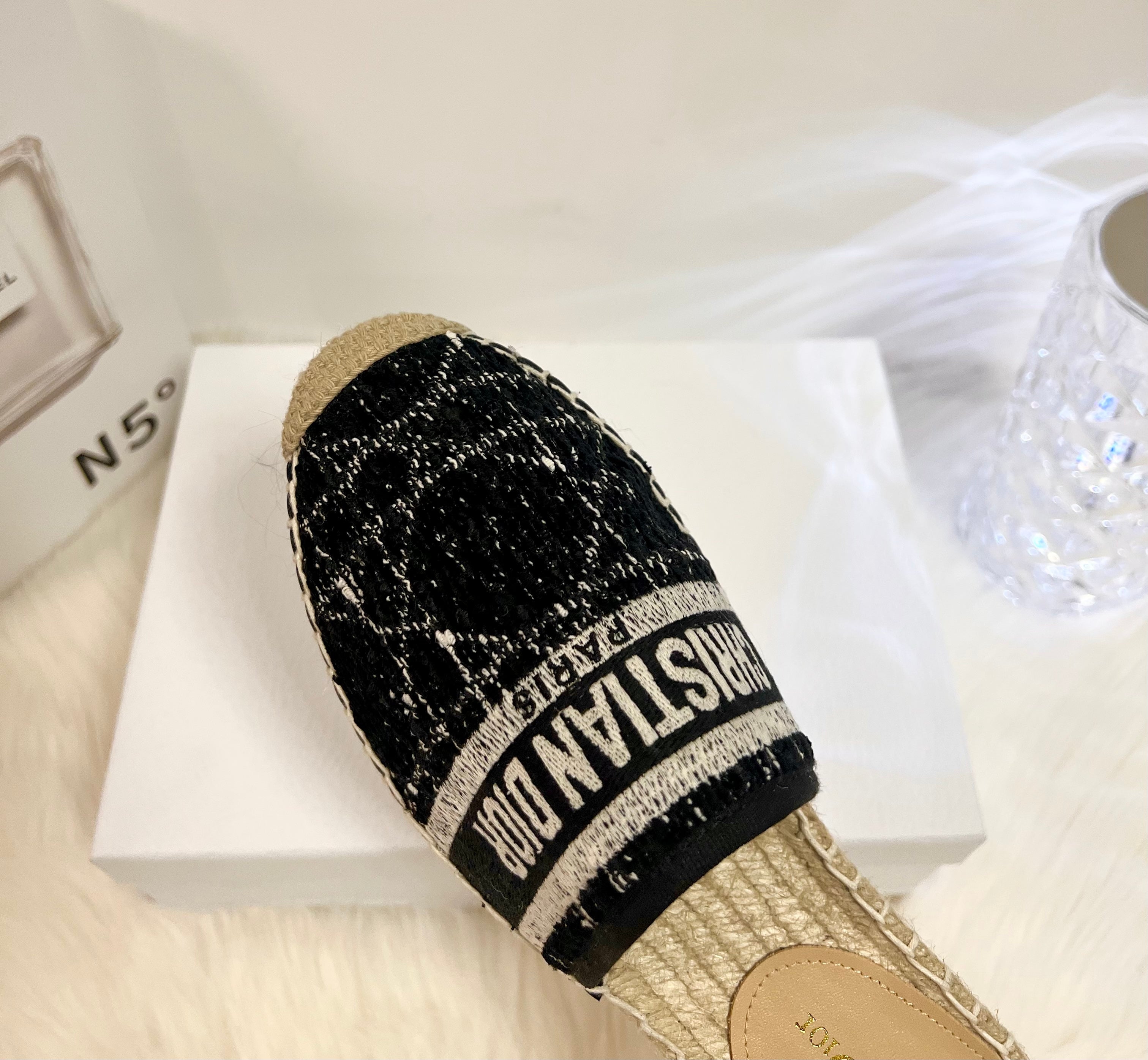 GRANVILLE ESPADRILLE BLACK OBLIQUE EMBROIDERED COTTON MULE