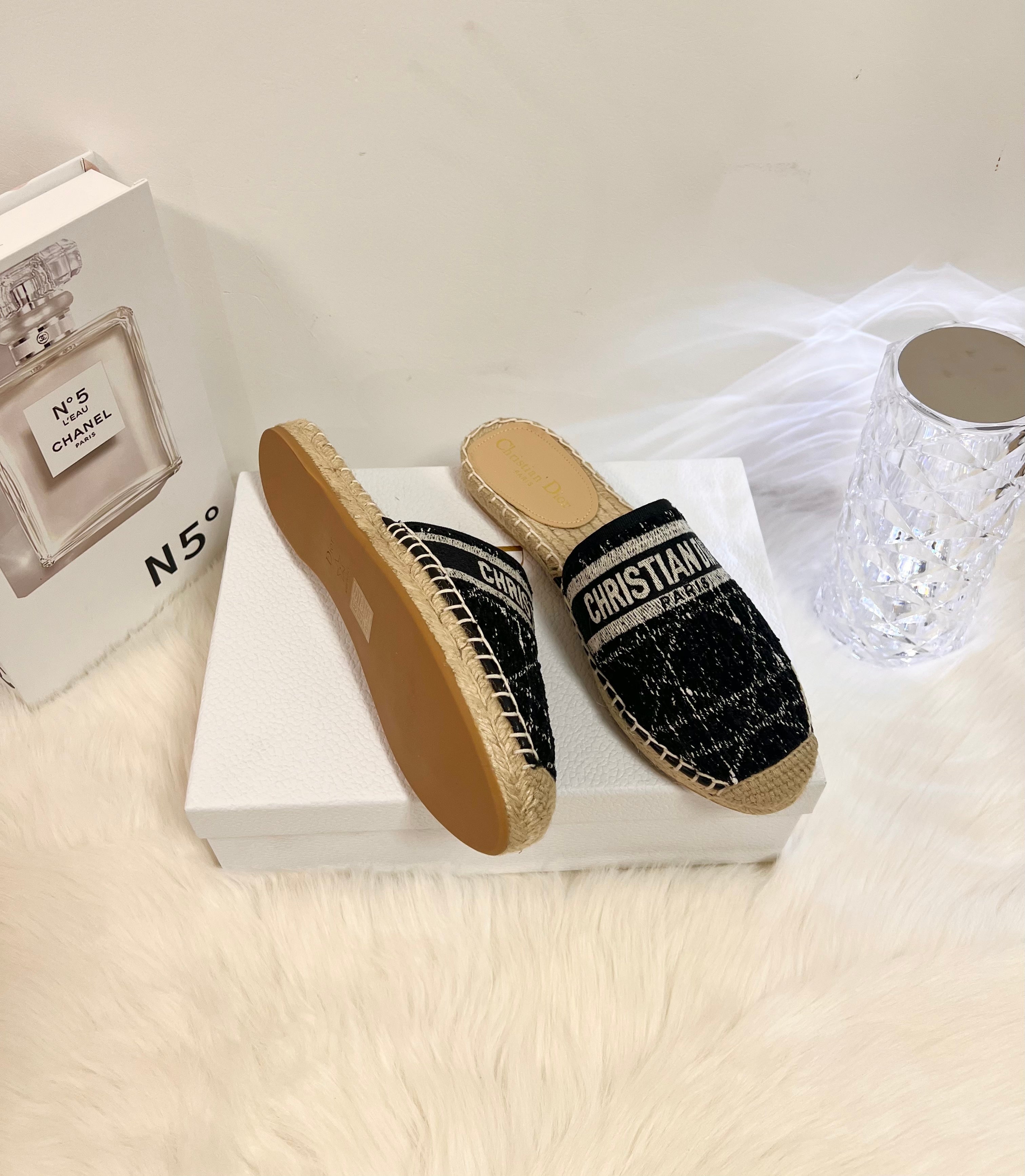 GRANVILLE ESPADRILLE BLACK OBLIQUE EMBROIDERED COTTON MULE