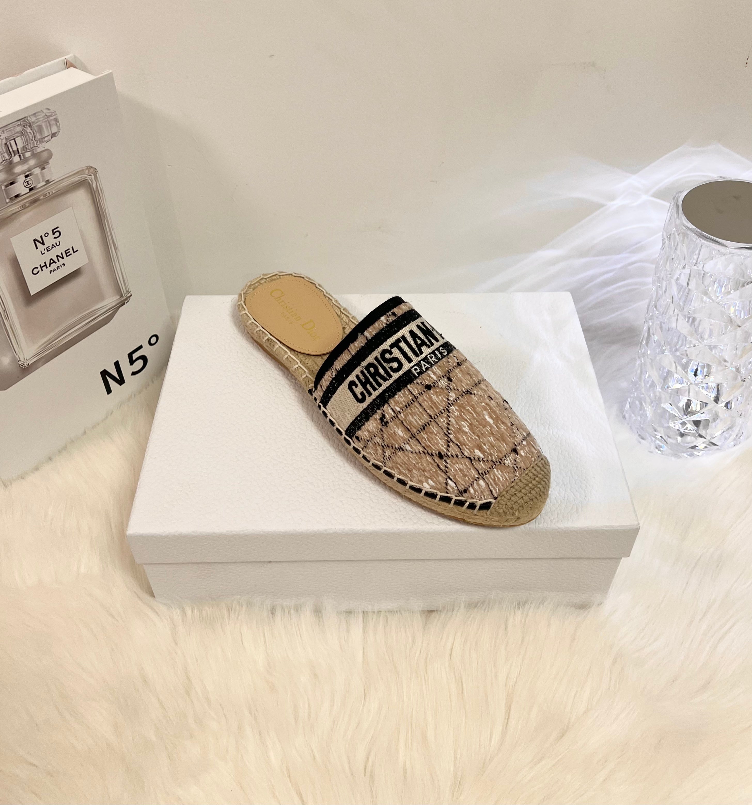 GRANVILLE ESPADRILLE CAMEL BEIGE OBLIQUE EMBROIDERED COTTON MULE