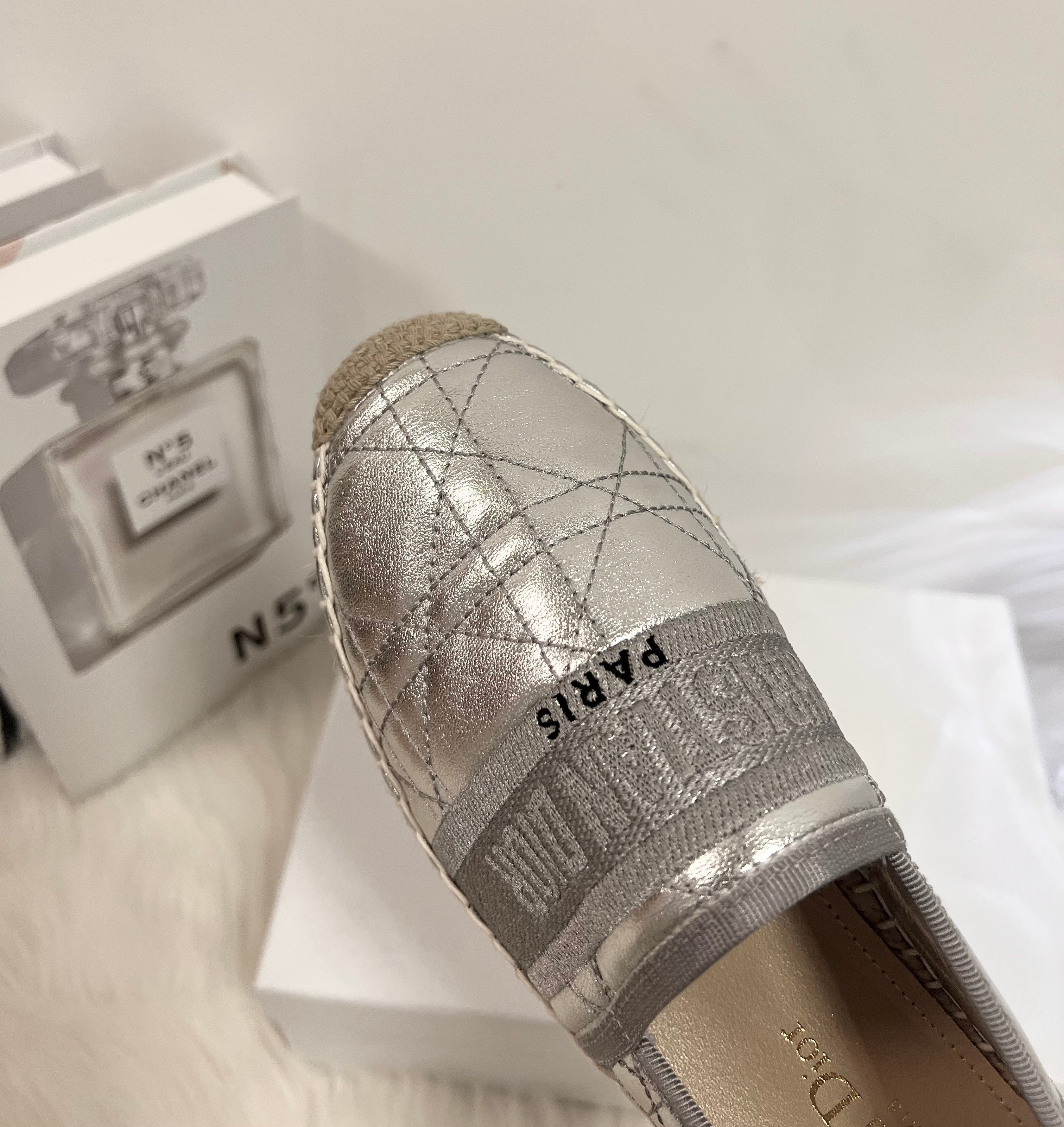 GRANVILLE ESPADRILLE SILVER QUILTED CANNAGE CALFSKIN