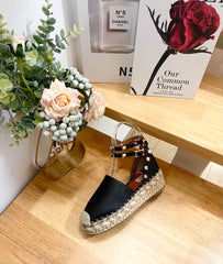 BLACK LEATHER ROCKSTUD ESPADRILLES ANKLE STRAP FLATS