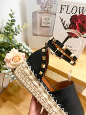 BLACK LEATHER ROCKSTUD ESPADRILLES ANKLE STRAP FLATS