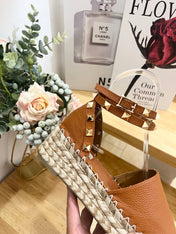 BRONZE BROWN LEATHER ROCKSTUD ESPADRILLES ANKLE STRAP FLATS