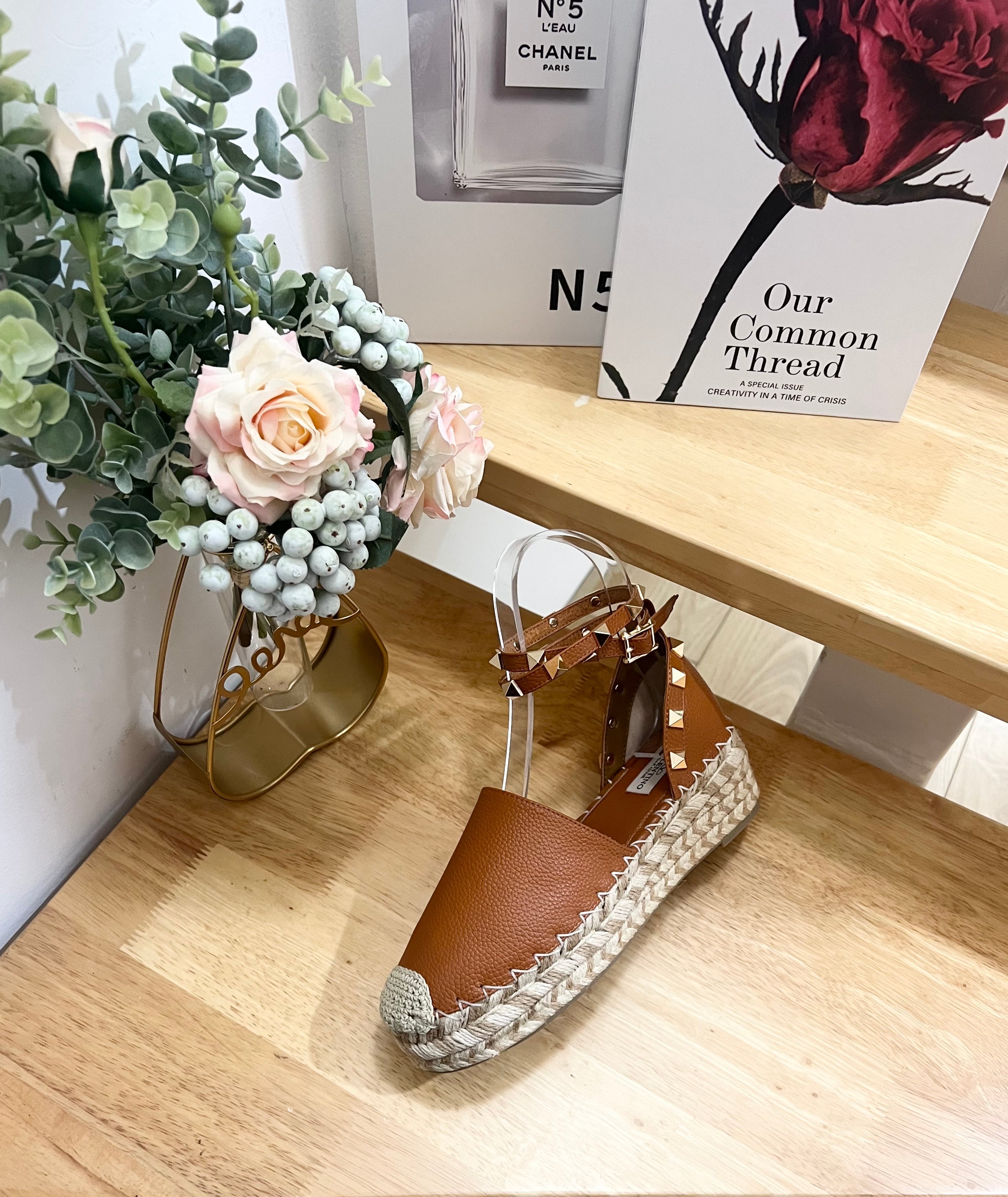 BRONZE BROWN LEATHER ROCKSTUD ESPADRILLES ANKLE STRAP FLATS