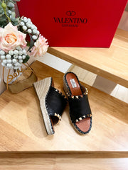 LACE-UP WEDGE SANDALS IN BLACK CALFSKIN WITH STUDS