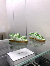 VELCRO SANDALS IN GREEN PASTEL LAMBSKIN AND TWEED FABRIC