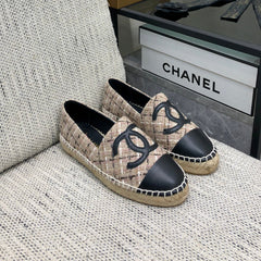 ESPADRILLE CAMEL BEIGE TWEED FABRIC AND BLACK CALFSKIN FLATS