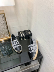 ESPADRILLE COLORFUL TWEED FABRIC AND BLACK CALFSKIN FLATS