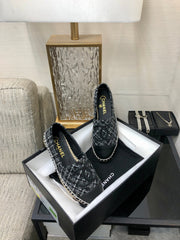 ESPADRILLE BLACK MIX WHITE TWEED FABRIC AND CALFSKIN FLATS