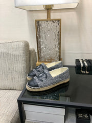 ESPADRILLE BLACK MIX WHITE TWEED FABRIC AND CALFSKIN FLATS 185046