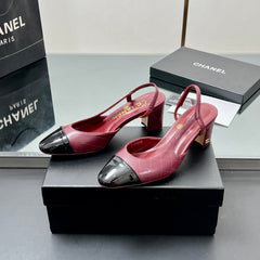 CC SLINGBACK 25S 65 MM IN BURGUNDY LAMBSKIN AND BLACK GLOSSY LEATHER WITH CHECK PATTERN