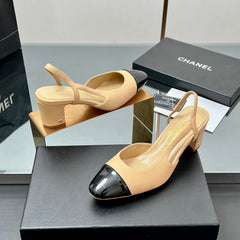 CC SLINGBACK 25S 65 MM IN BEIGE LAMBSKIN AND BLACK GLOSSY LEATHER WITH CHECK PATTERN