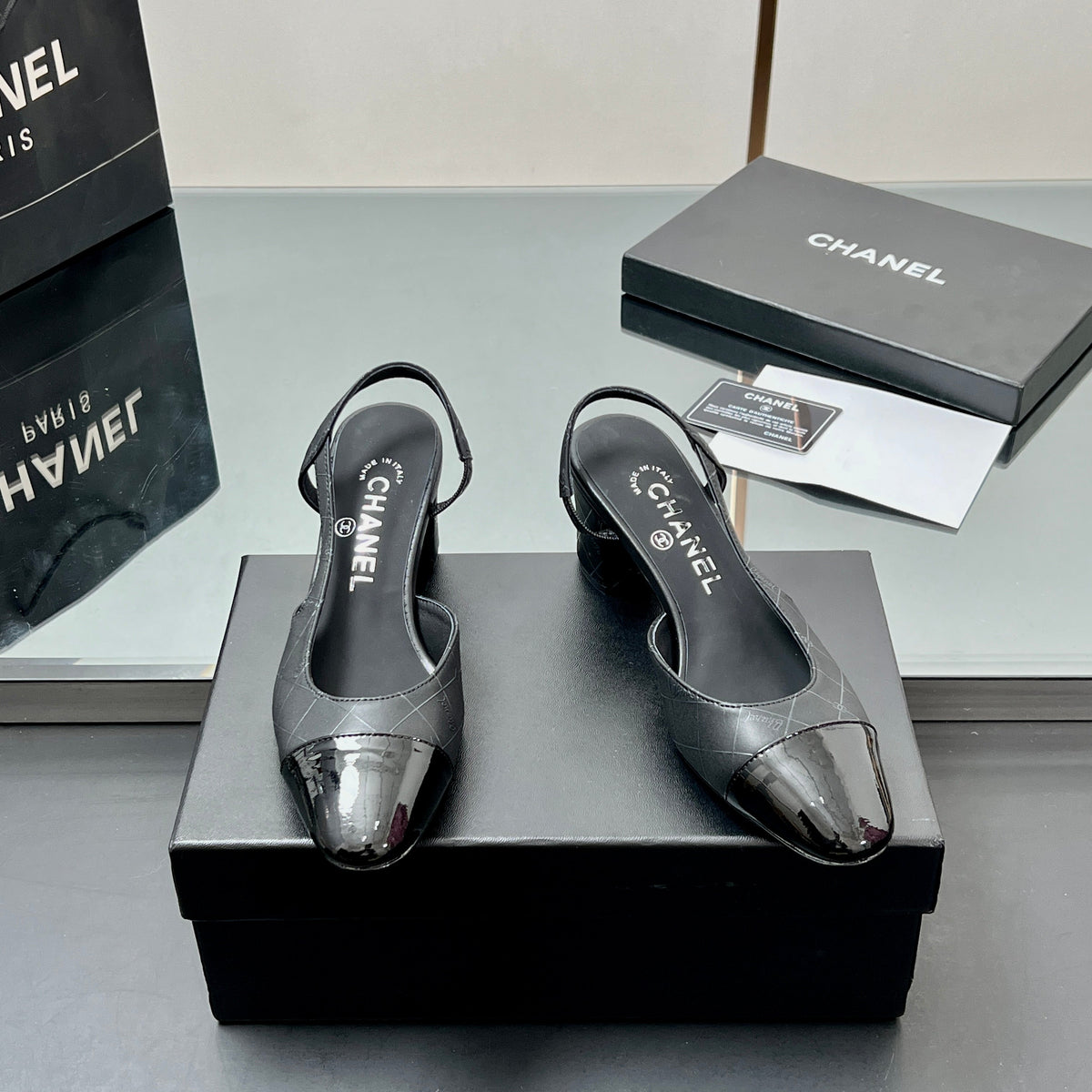 CC SLINGBACK 25S 65 MM IN BLACK LAMBSKIN WITH CHECK PATTERN