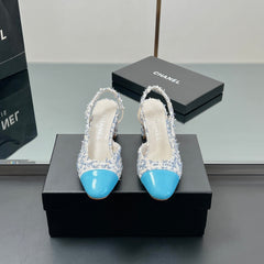 CC SLINGBACK 25S 65 MM IN BLUE TWEED AND GLOSSY LEATHER