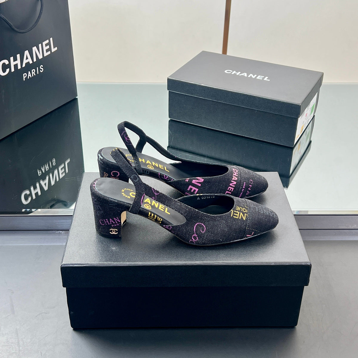 CC SLINGBACK 25S 65 MM IN BLACK FABRIC PRINT BRAND LOGO