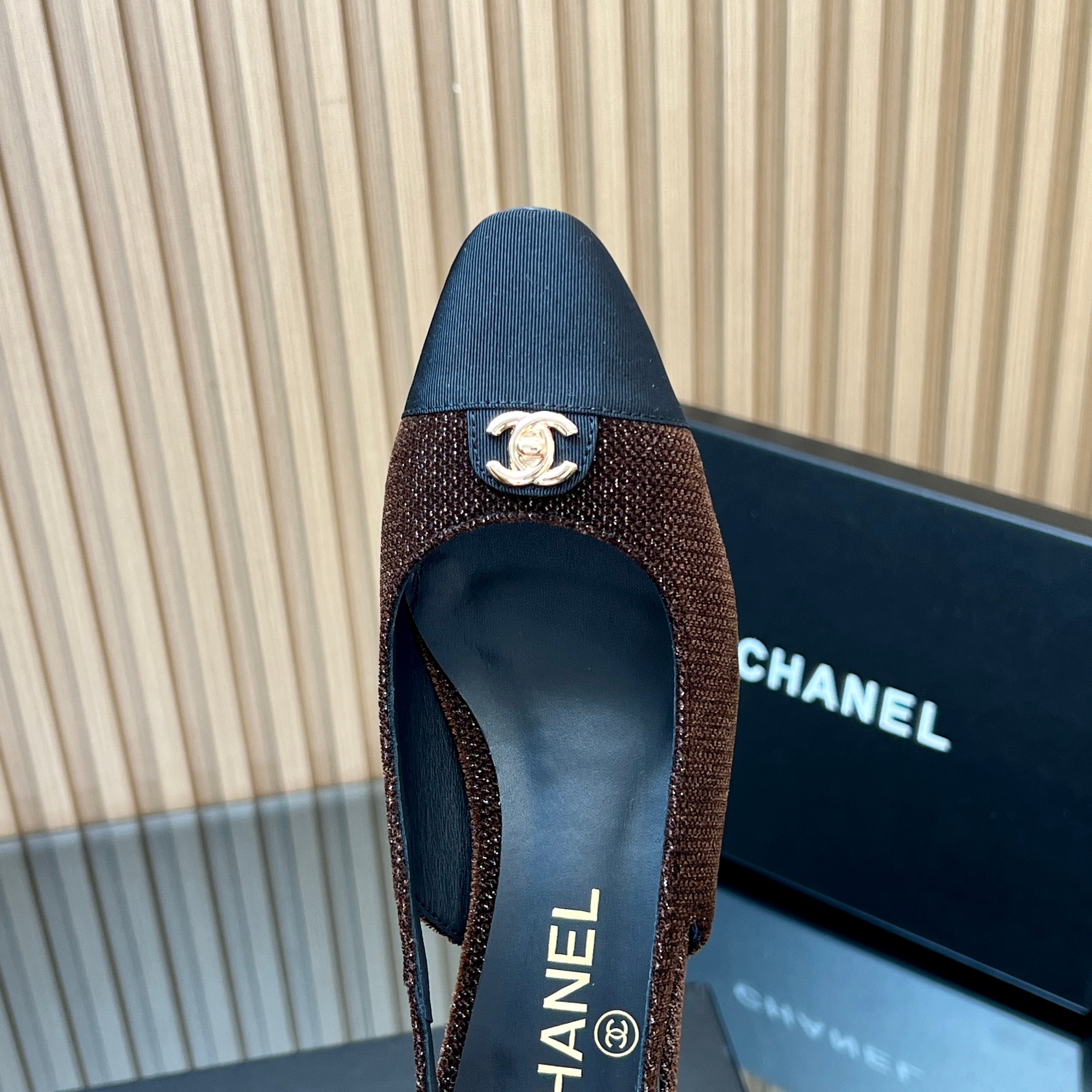 CHANEL 25S SLINGBACK SHOE 45MM IN BROWN TWEED