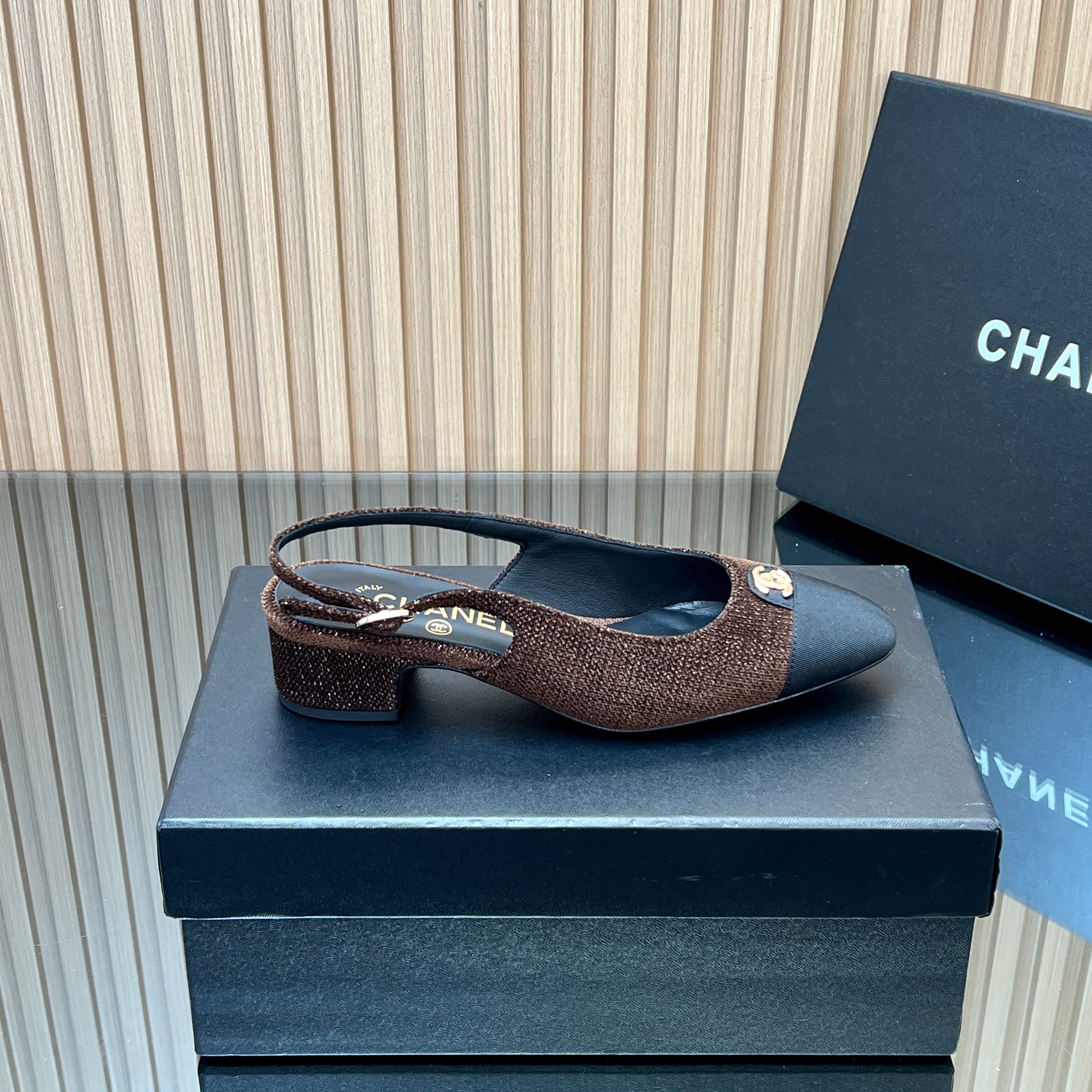 CHANEL 25S SLINGBACK SHOE 45MM IN BROWN TWEED