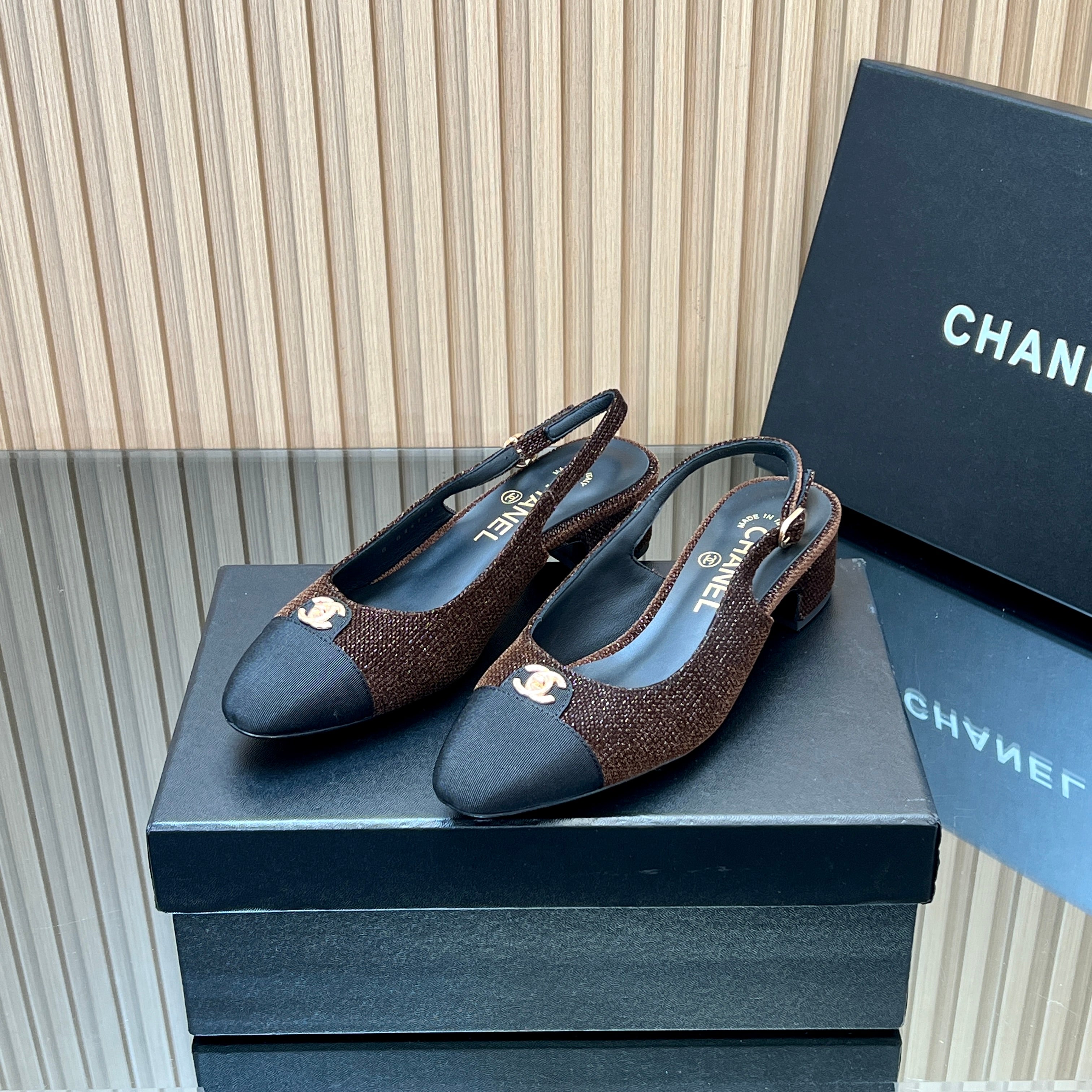 CHANEL 25S SLINGBACK SHOE 45MM IN BROWN TWEED