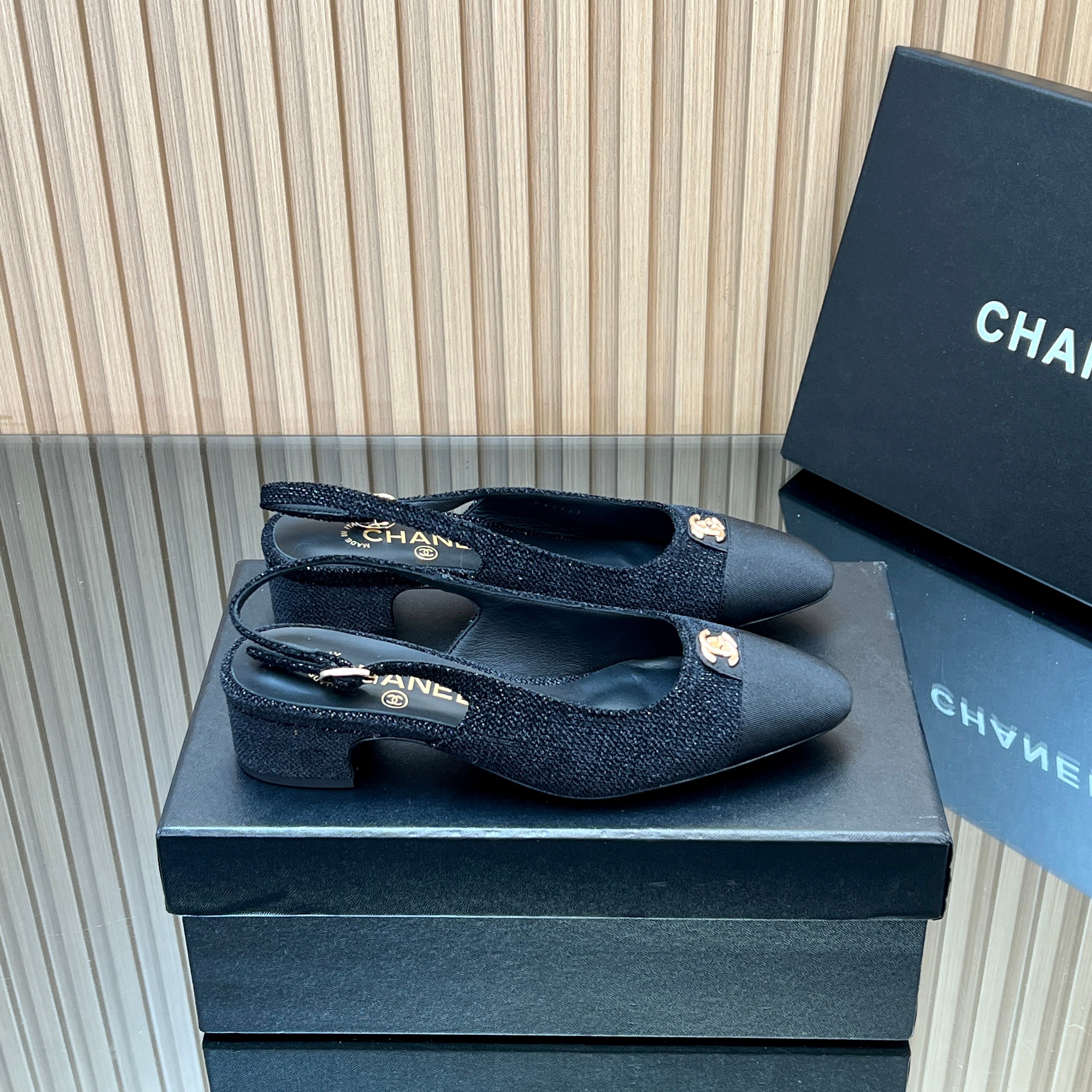 CHANEL 25S SLINGBACK SHOE 45MM IN BLACK TWEED