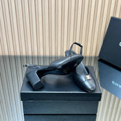 CHANEL 25S SLINGBACK SHOE LOGO 65MM IN BLACK CALFSKIN GOLD HARDWRE